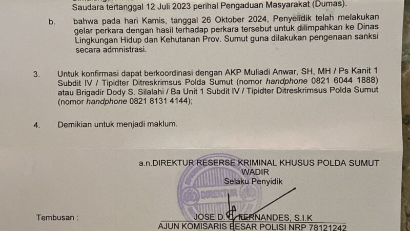 *Dirkrimsus Polda Sumut Limpahkan Kasus Pencemaran Lingkungan di Sinaksak Kab. Simalungun ke DLHK Sumut*