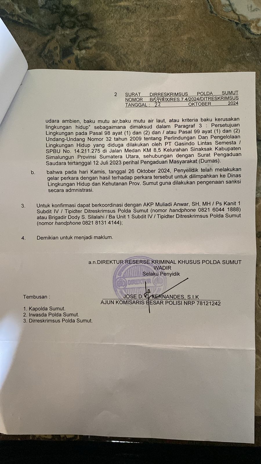 *Dirkrimsus Polda Sumut Limpahkan Kasus Pencemaran Lingkungan di Sinaksak Kab. Simalungun ke DLHK Sumut*