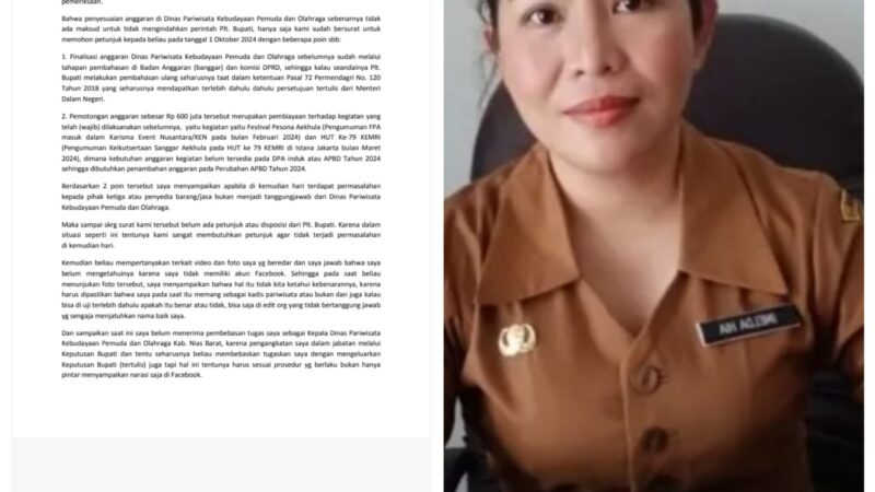 Imelda Hia bantah status Story di Facebook Hingga kini belum menerima surat pembebasan Tugas.