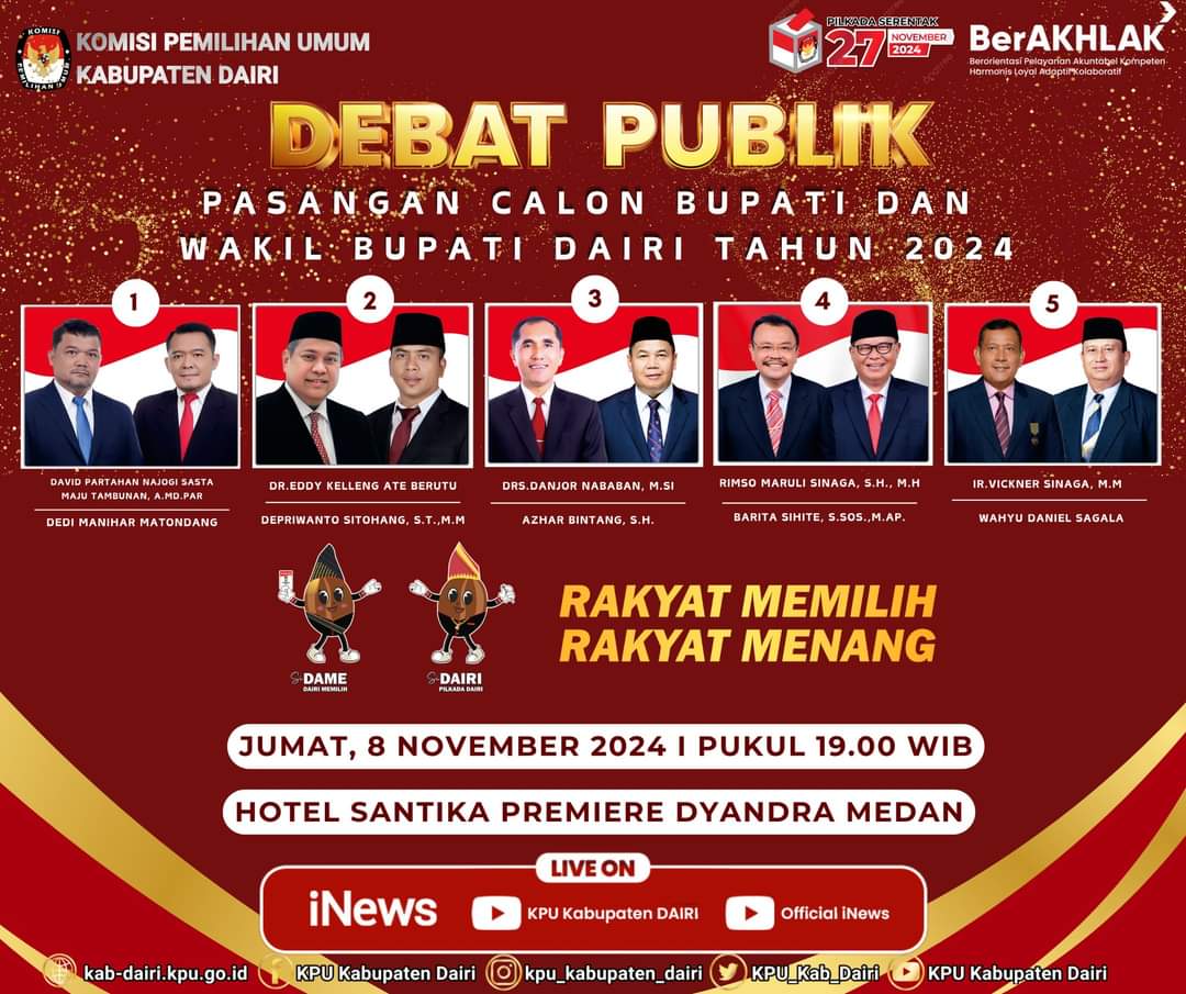 Debat Publik Calon Bupati dan Wakil Bupati Dairi 2024 Malam Ini: Saksikan Visi dan Misi untuk Masa Depan Dairi yang Lebih Baik